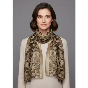 Summer Fashion Lightweight Floral Embroidered Burnout Scarf (Black Gold)