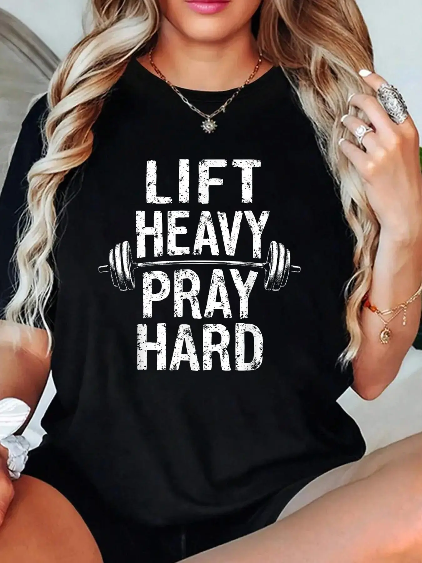 Women's "Lift Heavy Pray Hard" Graphic Round Neck T-Shirt - 100% Cotton Short Sleeve, Loose-Fitting All Seasons Clothes, Casual Streetwear Top, Machine Washable