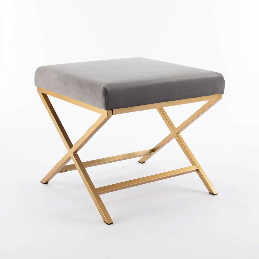 Winston 20" Square Velvet Ottoman, Gray Upholstered Ottoman with Gold-Tone Metal X-Base for Living Room, Bedroom & Vanity Area Indoor