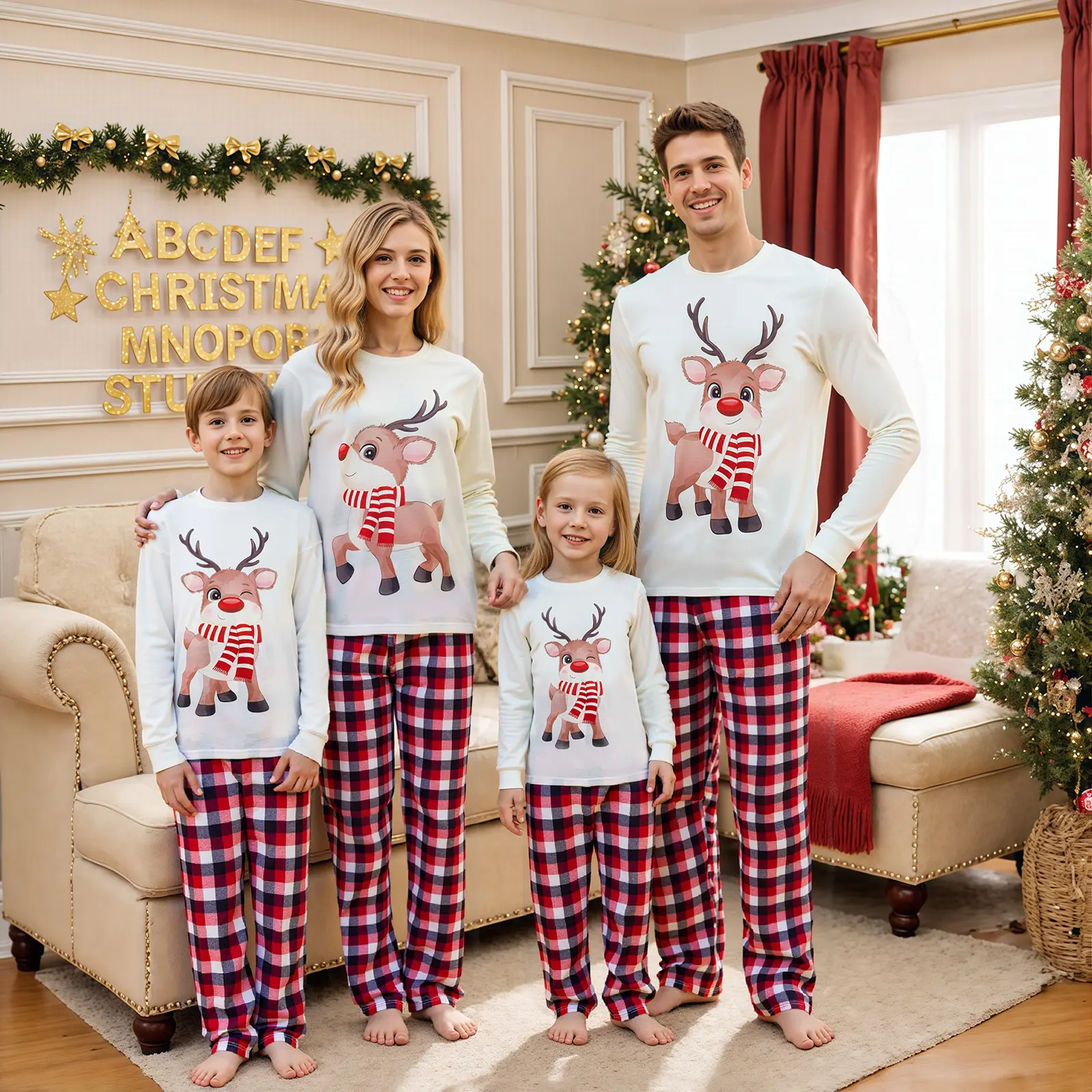 FOCUSNORM Christmas Two Piece Family Matching Pajamas Outfits Long Sleeve Elk Printed Tops + Elastic Plaid Pants/Romper Sets 2Pcs Loungewear
