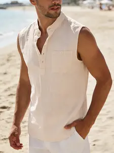 Men's Sleeveless Linen Blend Casual Fitted Shirt, Stand Collar Henry Neckline Chest Pocket Design, Breathable Vacation Beach Casual Top