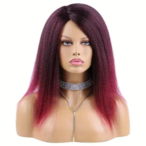 Synthetic Yaki Straight Wigs Soft Natrel Kinky Straight Hair Parted Wigs for Women Daily Use