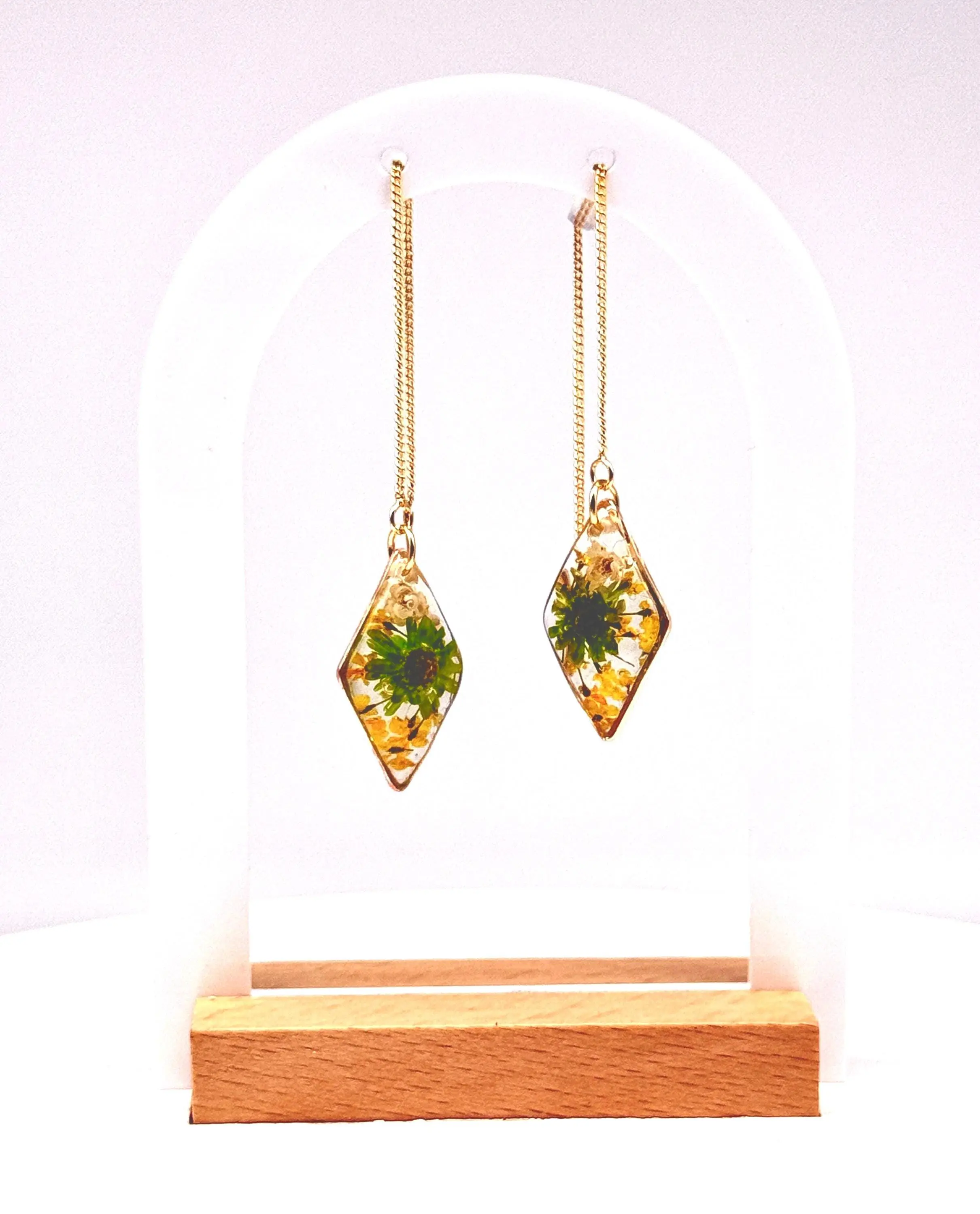 Handmade Diamond Resin Earrings – Real Floral Accents with Gold Threader