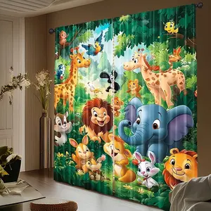 Forest Animal Print Curtains Set of 2, Jungle Adventure Polyester Fabric, No Rod Needed, Suitable for Living Room Bedroom Office Cafe, Home Decoration Curtain