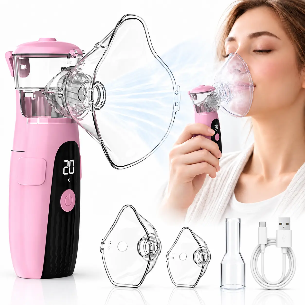 Rechargeable Portable Handheld Mesh Nebulizer, Digital Display with 2 Mask Sizes & Mouthpiece and USB Cable & Accessories Included , Compact Cordless Design for Home & Travel