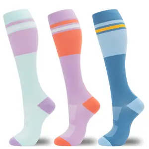 3 Pairs Colorful Gradient Compression Socks 15-20mmHg, Knee High Circulation Support Socks for Women Men, Running Travel Nurse Athletic Compression Socks