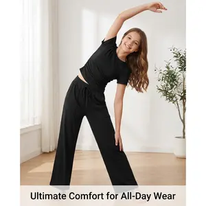 2026 Teen Girl's Solid Round Neck Tee & Pants Loungewear Pajamas Two/four/Six Piece Set, Mommy & Me set,Casual Comfy Pyjama Set for Women, Comfy Loungewear Set for Daily Home Wear