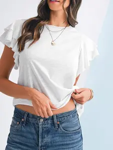 EG fashion Cotton White Black Ruffle Sleeve Plain Blouse