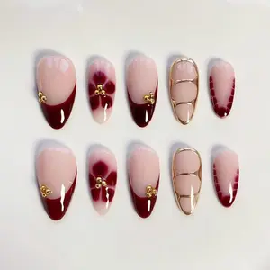 Burgundy Blooming Flower Nails/press on nails long almond nails/Elegant nails/Gold chrome nails/French nails/custom nails/birthday nails Nail Art Kit Nail Box