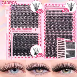 37 Rows with 740pcs / 14 Rows with 280pcs / 10 Rows with 200pcs Eyelash Set Featuring Independent Eyelashes Ranging from 8 to 16 Mm, Comes with an Eyelash Brush, Hybrid Eyelash Collection, Ideal for Beginners to Use at Home And Can Be Reused