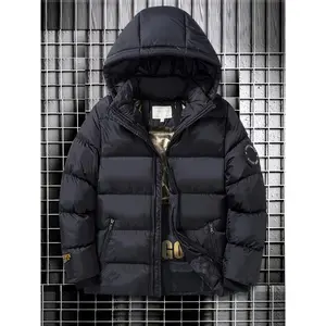 Boys' Red Winter Jacket - Warm, Thick Insulated Coat with Hood, Zip-Up Front, and Letter Print Detail - Casual Polyester Outerwear for Youngsters, Machine Washable