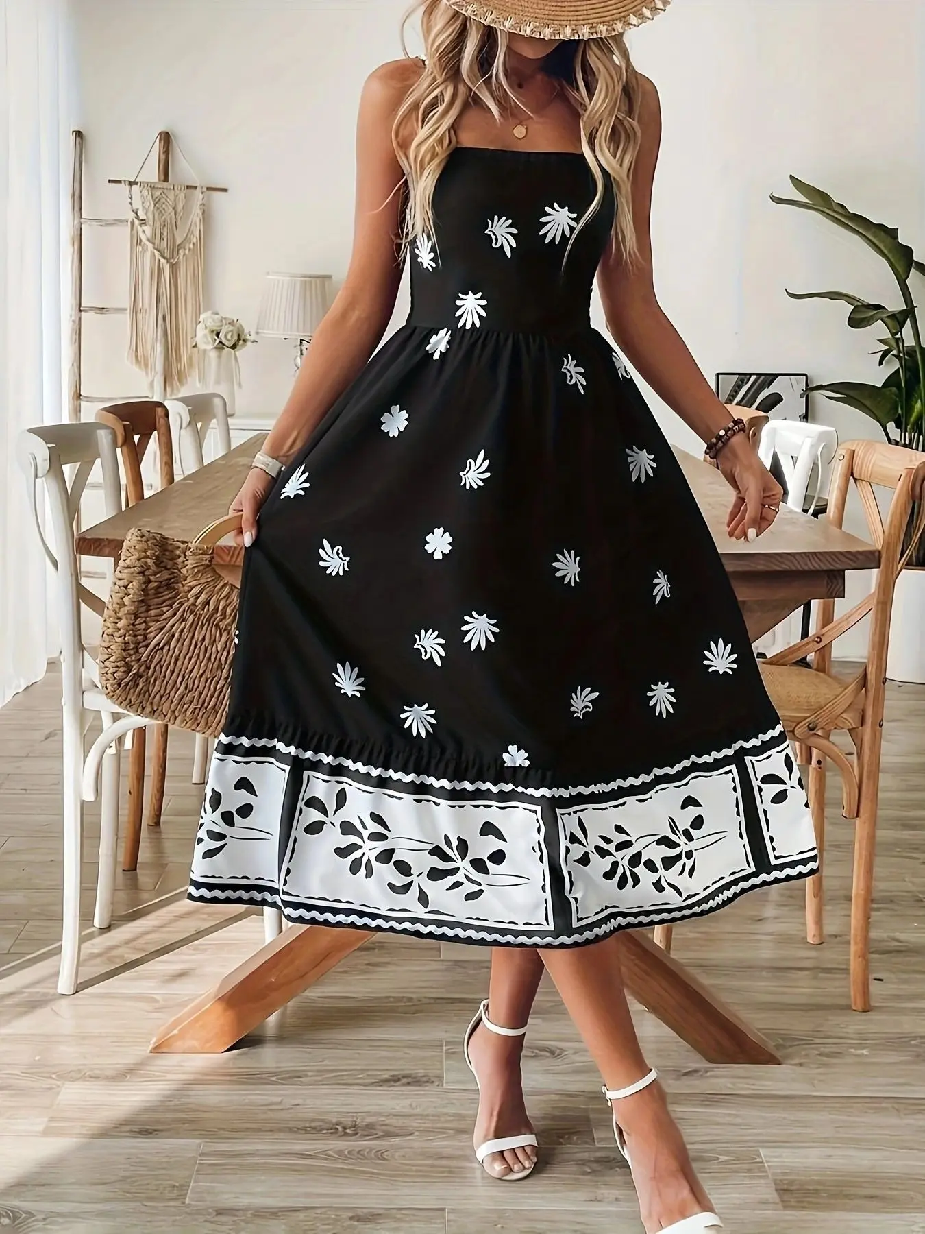 Women's Fashion Print Loose Strap Dress, Midi Sundress, Casual Party, Comfortable Summer Wear, Stylish Women's Clothing, Plant, Womenswear