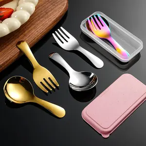 Cute 304 Stainless Steel Fork Spoon Set, Food Grade Material, Durable Anti-Mold Rustproof, Vibrant Colors, Round Handle Design, Outdoor Picnic Camping Travel Utensils