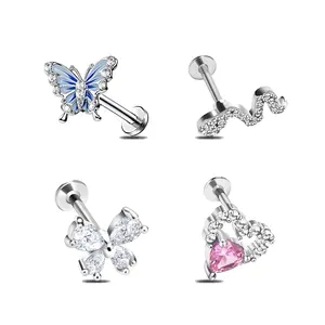 HERVAY 16G/8MM Hypoallergenic Stainless Steel Lip & Ear Ring Merry Christmas - Butterfly Snake Beaded Design - Labret/Helix/Medusa/Conch/Lobe/Tragus Studs - Unisex Body Jewelry