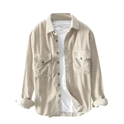 Kingapril Men's Basic Corduroy Texture Collared Long-Sleeve Shacket - Men's Clothing Top, Clothes Products with Lapel Button-Down, Chest Pocket for Daily Wear, Thanksgiving, New Year (M Size Option)