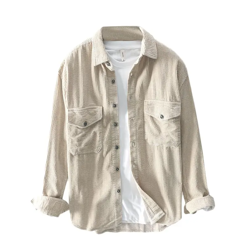 Kingapril Men's Basic Corduroy Texture Collared Long-Sleeve Shacket - Men's Clothing Top, Clothes Products with Lapel Button-Down, Chest Pocket for Daily Wear, Thanksgiving, New Year (M Size Option)