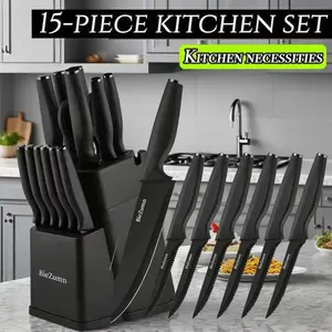 15 pieces of black stainless steel chef's knife set, ergonomically designed, professional ultra-sharp kitchen knives, high carbon stainless steel material, outdoorfun