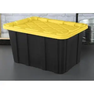 27 Gallon Heavy Duty Plastic Storage Tote with Lid, Black and Yellow, Stackable Container