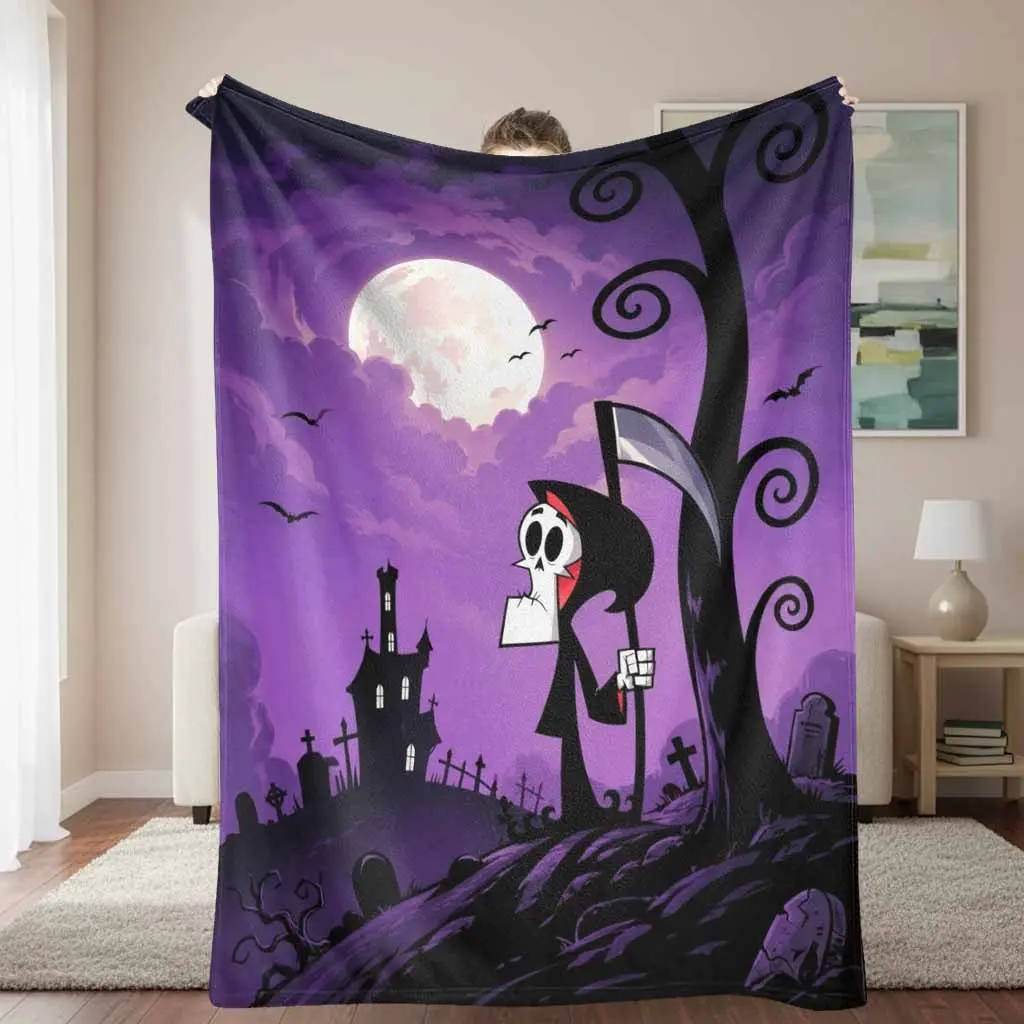 Gothic Grim Reaper Flannel Blanket - Horror Goth Halloween Motifs Skeleton-Themed Halloween Design Blanket, Ultra-Soft Lightweight Plush Texture, Cozy Bedding Couch Throw, Unique Gothic Gift for Horror Lovers, Goth Halloween Motifs Blankets
