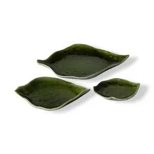 tagltd Leaf Dish Set of 3 - Green Ceramic Serving Platters and Bowls, Dishwasher Safe, Everyday Use, 8.5" L x 5.25" W x 1" H