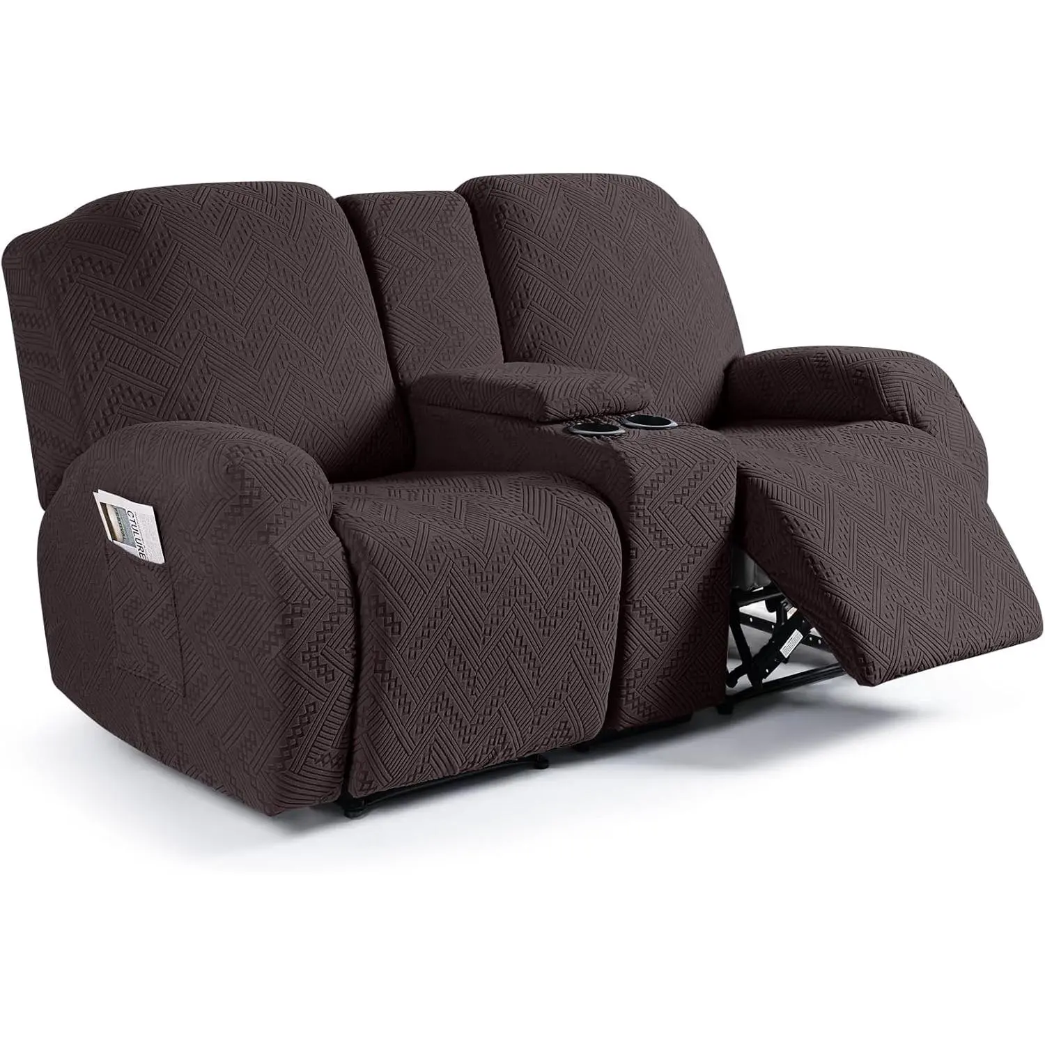 Synthetic Polyester Spandex 2-Seater Stretch Loveseat Recliner Covers with Console, 4-Piece Jacquard Furniture Protector with Anti-Slip Bands, Pockets & Elastic Straps, Full Protection Fits 48-66"