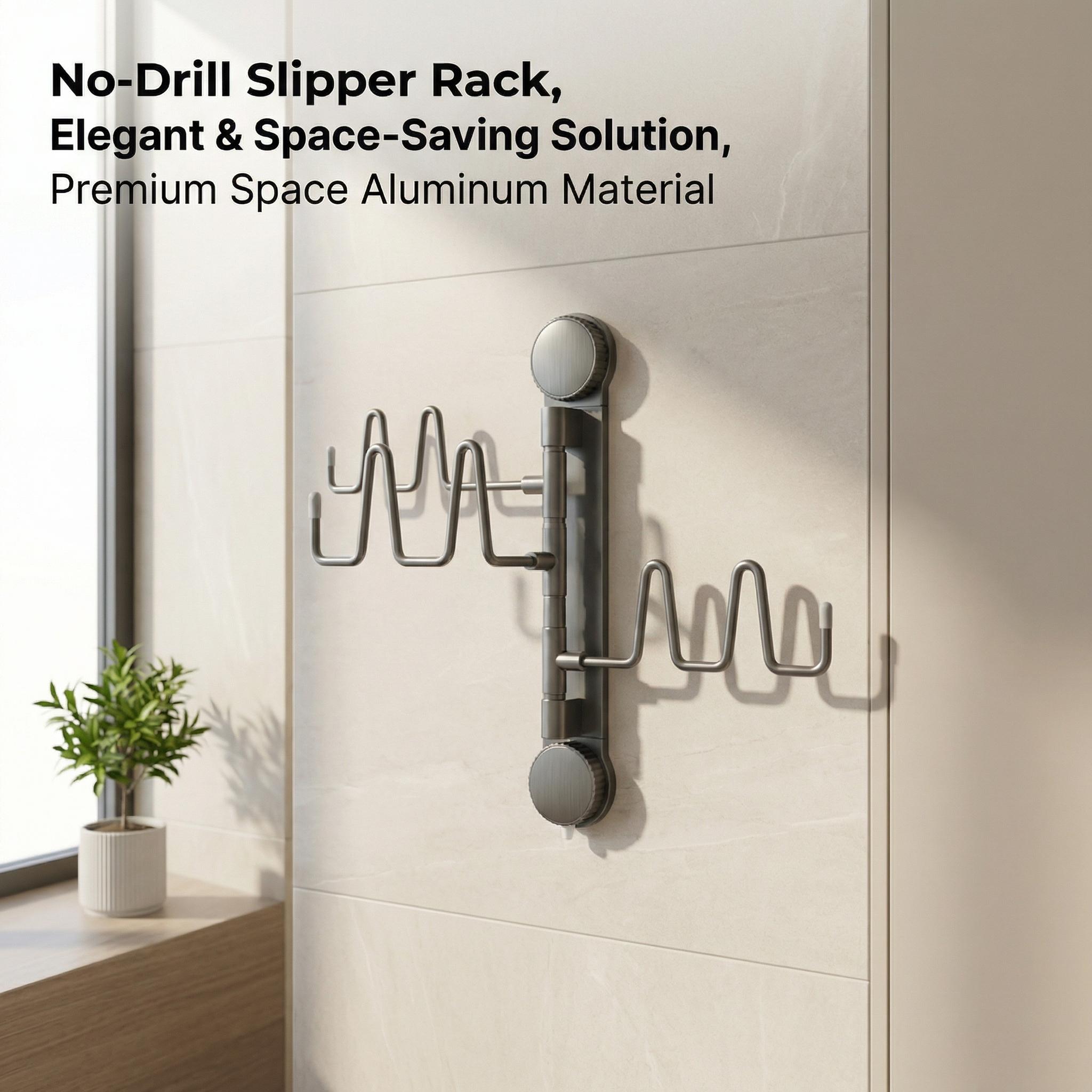 No-Drill Space Aluminum Slipper Rack, Wall Mounted Rotatable Shoe Organizer, Renter-Friendly Bathroom Storage, Heavy Duty Suction Cup Holder for Slippers, Towels, Kitchen Utensils