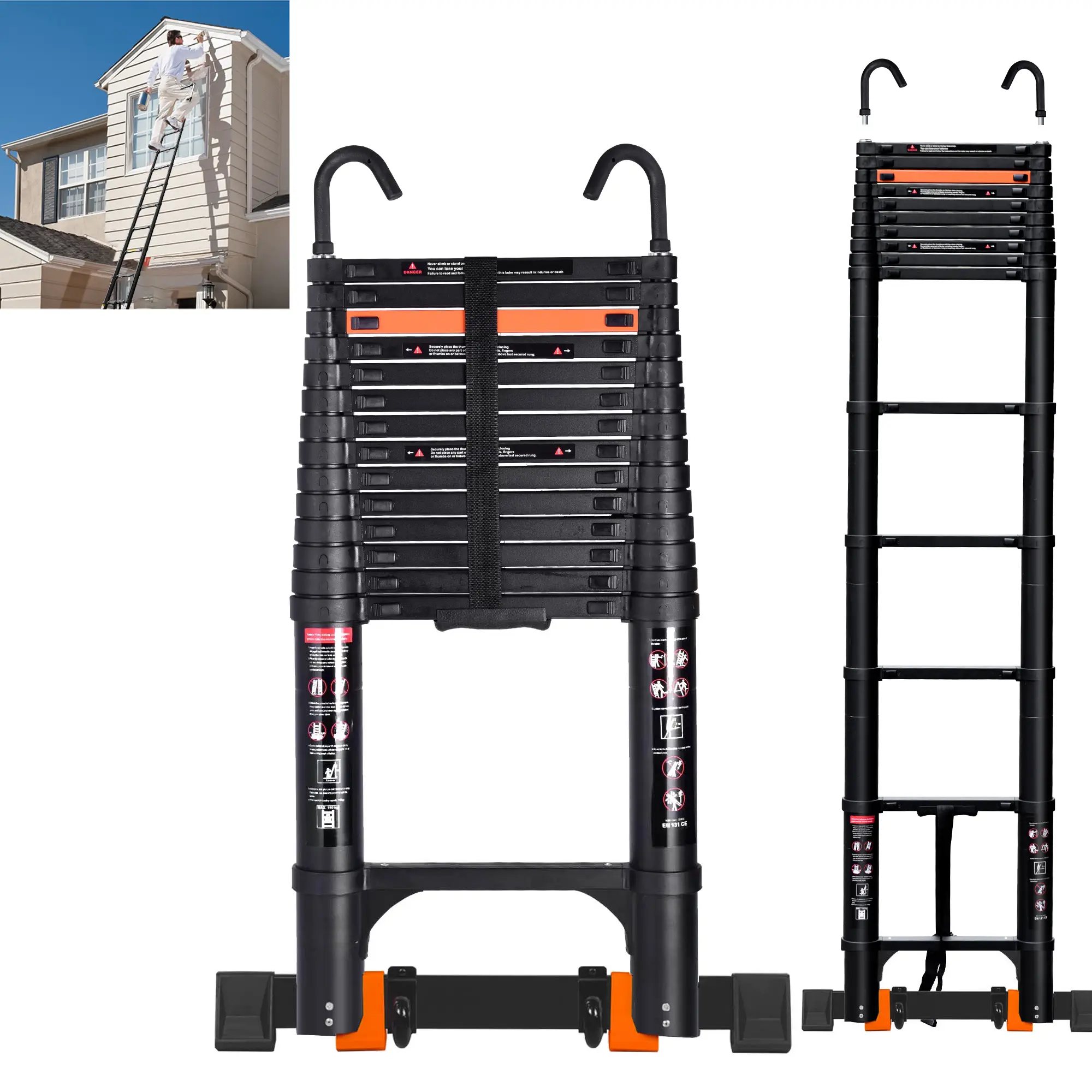 Telescopic ladder extension ladder 20.3FT/Aluminum extension ladder, Heavy Duty 500lbs Max Capacity,with 2 Triangle Stabilizers, Multi-Purpose Collaps