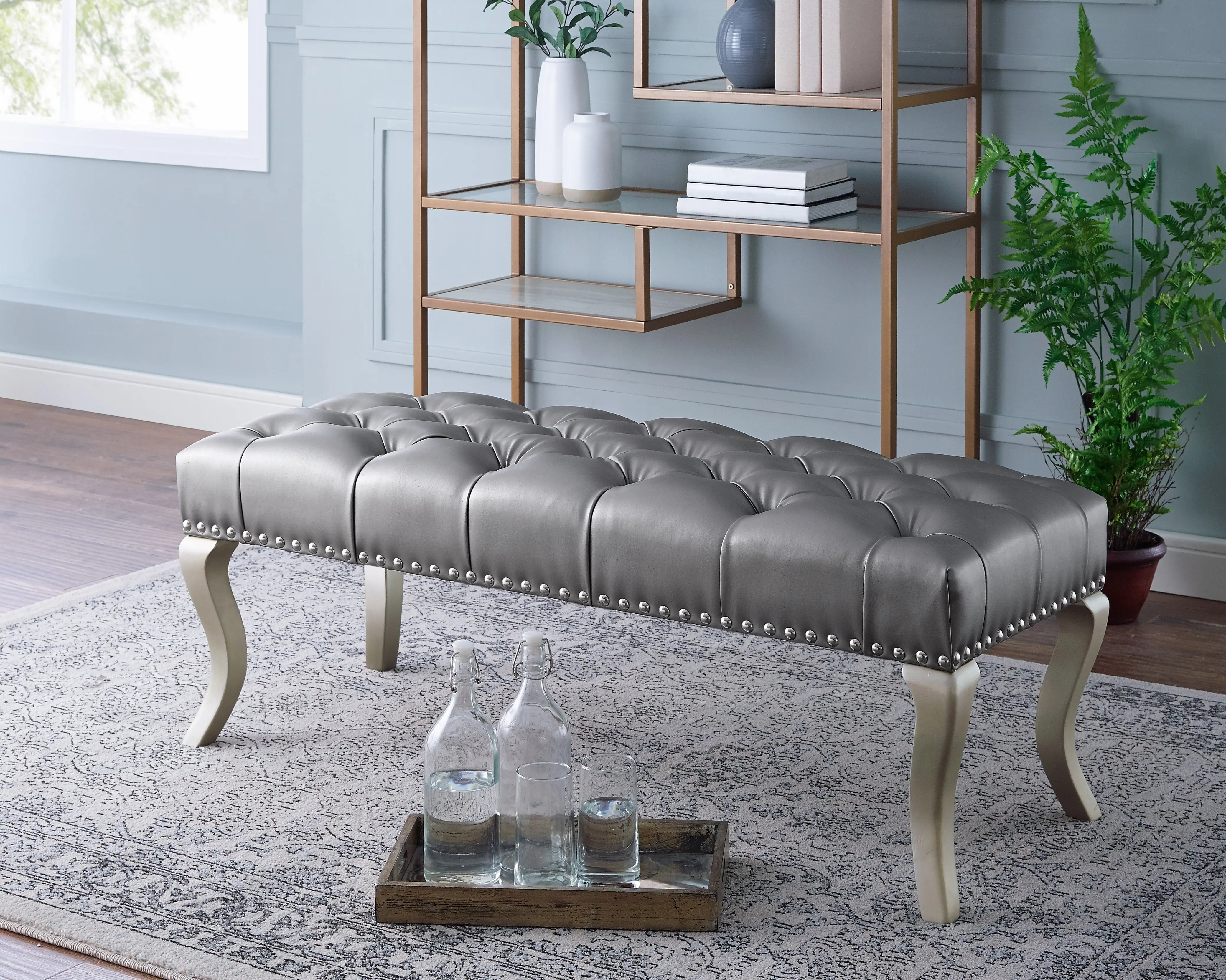 Decor Maxem Tufted Faux Leather Upholstered Seat with Nailhead Trim Bench