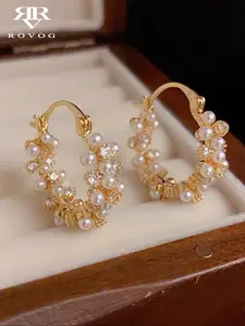 French Chic Elegant Hoop Earrings, Unique Geometric Full Drill Glass Imitation Pearl Design, Women's Daily Wear Party Fashion Jewelry, Faux Pearl Jewelry