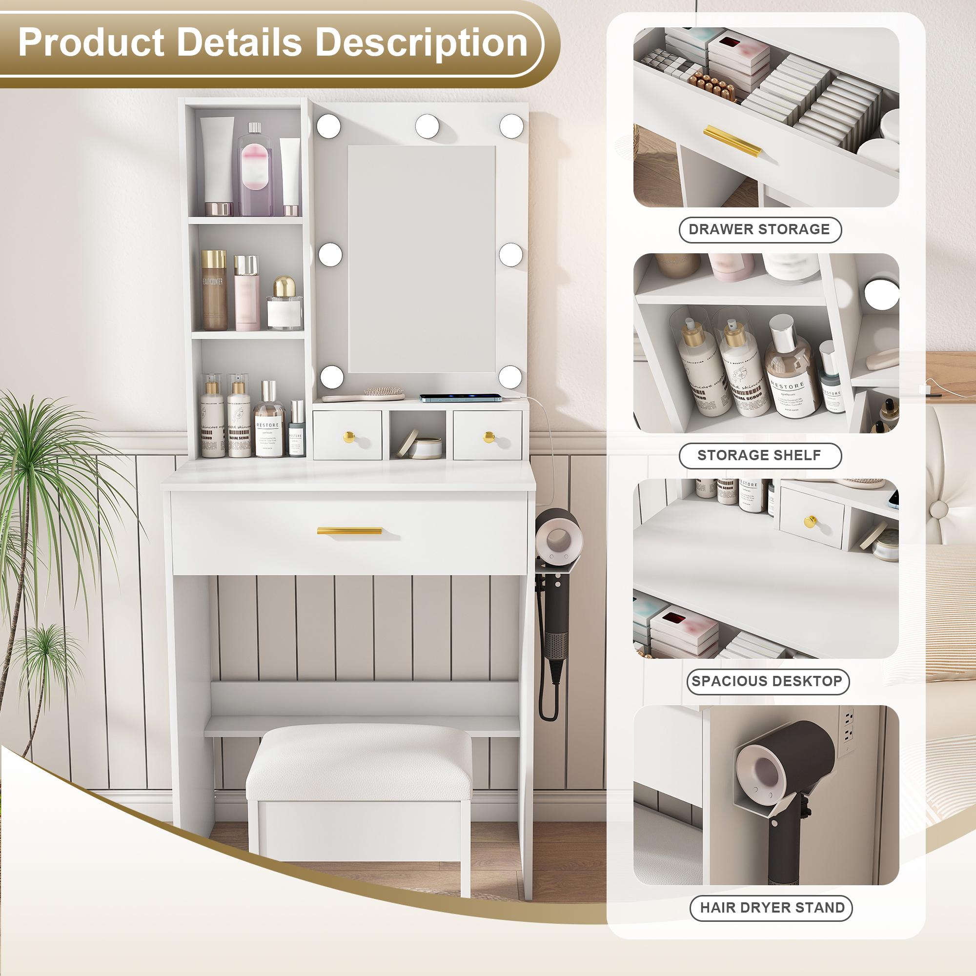 Makeup Vanity Desk with Adjustable LED Mirror, Built-in LED Lighting, Power Outlet, Hairdryer Holder & Stool, Compact Indoor Furniture for Small Bedrooms (Fixes Poor Lighting & Tangled Cords), Adjustable Led Vanity Mirror Makeup Vanities