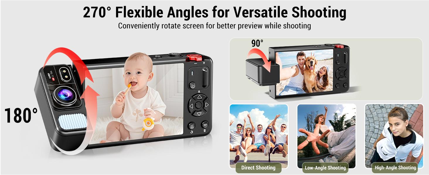 Digital Camera, 4K 64MP Cameras for Photography, 270°Flip Screen Vlogging Camera, Autofocus, Flash, 18X Zoom, 2 Batteries, 64GB Card, Point and Shoot Digital Cameras for Kids Teens, Black
