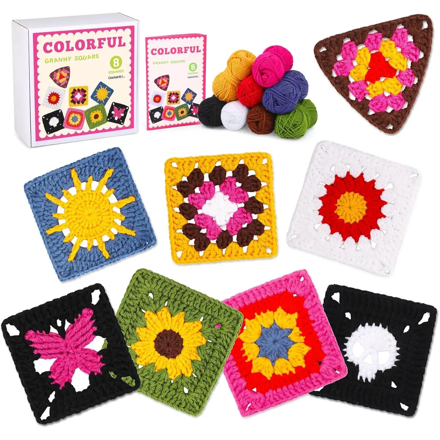 Crochet Kit for Beginners - Granny Squares With Instructions, Learn to Crochet Project for Adults
