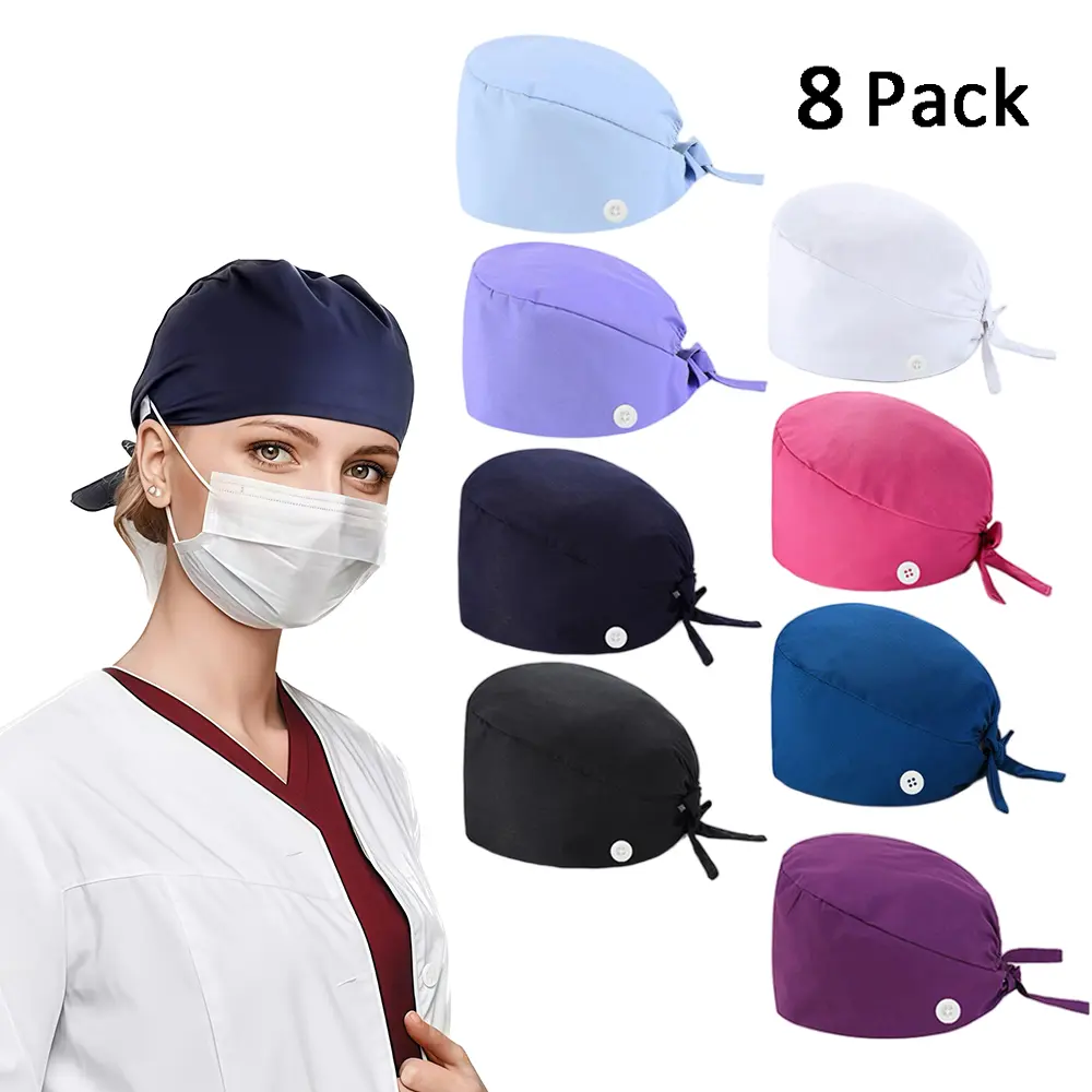 8-Pack Adjustable Polyester Lead Scrub Caps, Comfortable Fitted Hats for Nurses, Medical Work Accessories, Fitted Hat