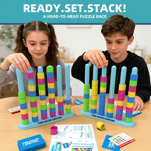 Color Stack Challenge Game – Fast-Paced STEM Color Sorting Stacking Puzzle Toy for Kids Ages 6+, 50 Double-Sided Challenge Cards, 2 Stacking Trays  | Family Party Board Game, Educational Matching Activity for Indoor & Outdoor Play