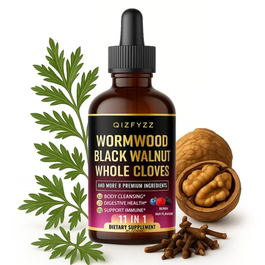 Black Walnut & Wormwood Herbal Vitamins Supplements - 11-in-1 Healthcare Dietary Liquid, Berberine Vitamins Supplements, Whole Cloves, 8 Additional Botanicals, Berry Mix Flavor, 2 fl oz 1-Month Supply