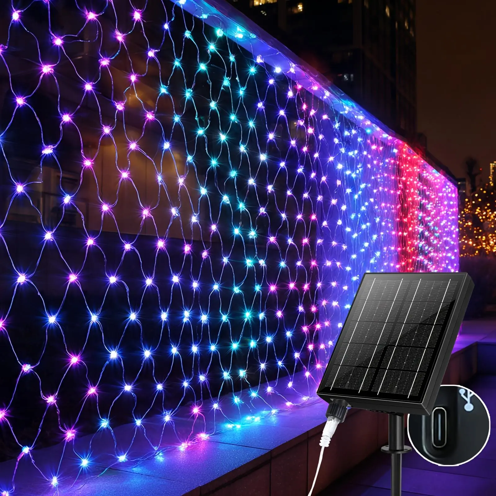 204LED Colorful Mesh Lights Outdoor Mesh Lights 9.8ft x 9.84ft for Garden, Lawn, Shrubs, Party, Wedding, Christmas Decoration, 8 Modes and Memory Function, Connectable, Black and Green Wire -