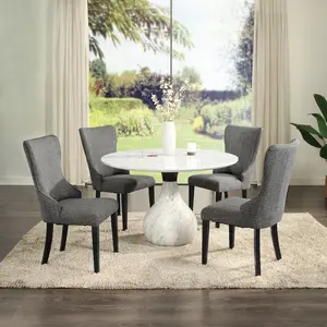 DN04055-5PC 5 pc Koen white and black engineered marble 48" round dining table set grey boucle chairs