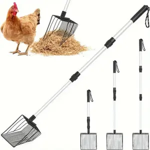 3 in 1 Chicken Litter Scoop with Adjustable Long Handle, Durable Metal Shovel for Easy Sifting, Suitable for Coop Cleaning