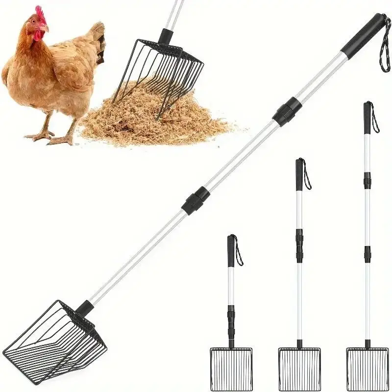 3 in 1 Chicken Litter Scoop with Adjustable Long Handle, Durable Metal Shovel for Easy Sifting, Suitable for Coop Cleaning