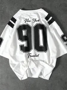 1pc Men's White Football Jersey T-Shirt New York 90 Number Print Raglan Sleeve Oversized Loose Fit Retro Blockcore Streetwear Athletic Tee