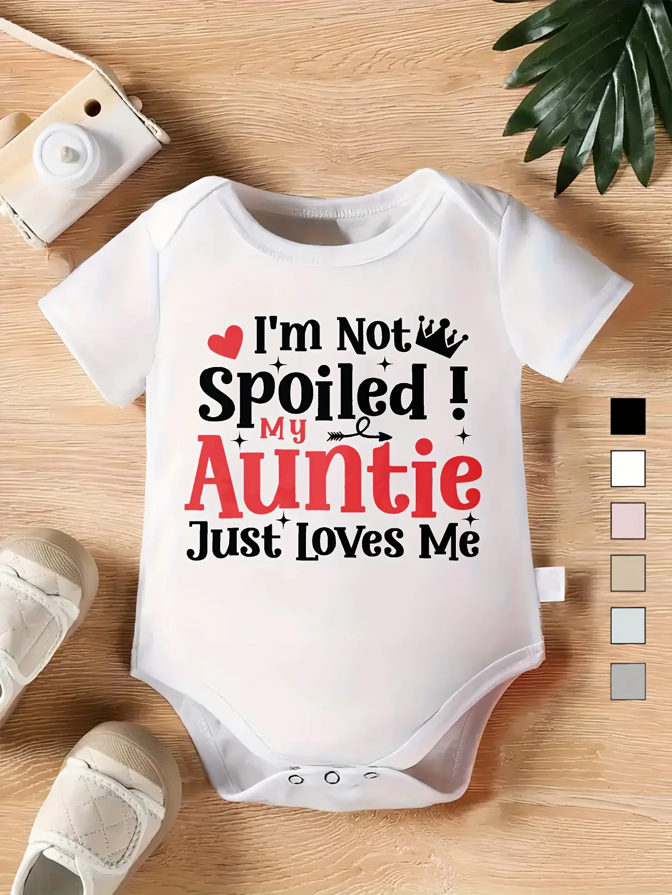 Short‑Sleeve White Grey Baby Bodysuit, I'm Not Spoiled My Auntie Just Loves Me Slogan Print Soft Cotton Infant Onesie