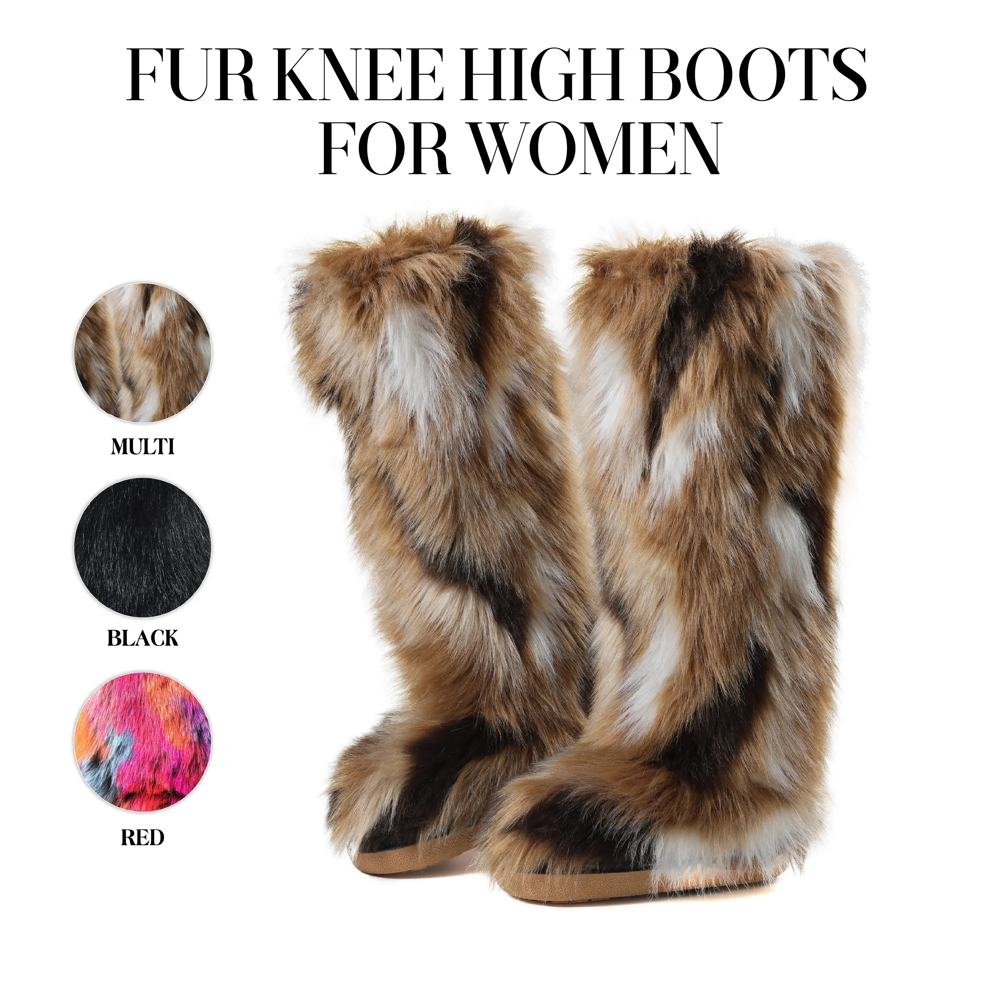 Women Knee High Boots Faux Fur Patchwork Fur Round Toe Flat Heel Easy Pull On Furry Fluffy Stylish Comfy Cozy Soft Snow Warm Streetwear Y2K Fashion Casual Party Date Photoshoot Event Festival Holiday Vacation Trendy Modern Tall Boots