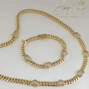 Gold Plated Cuban Chain Necklace and Bracelet Set with Heart Detail