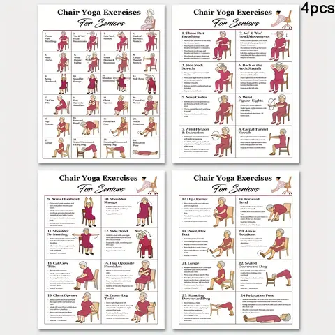 4pcs Chair Yoga Exercises for Seniors Set, Beginner Chair Yoga, Yoga Sit, Senior Fitness Guide, Perfect for Home, Office Decor, a Healthy Gift for Loved Ones and Friends, 8.0x10.0inch, Detailed Exercise Instructions
