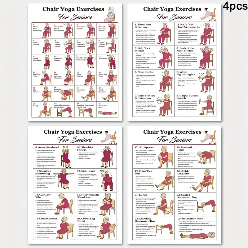 4pcs Chair Yoga Exercises for Seniors Set, Beginner Chair Yoga, Senior Fitness Guide, Perfect for Home, Bedroom, Kitchen, Living Room, Hotel, Cafe, Office Decor, a Healthy Gift for Loved Ones and Friends, 8.0x10.0inch, Detailed Exercise Instructions