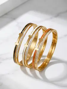 18K Gold Plated Titanium Steel Bangle Set, 3PCS Enamel & Cubic Zirconia Stackable Bracelets, Hypoallergenic Waterproof Designer Inspired Jewelry, Elegant Daily Wedding Birthday Gift for Women