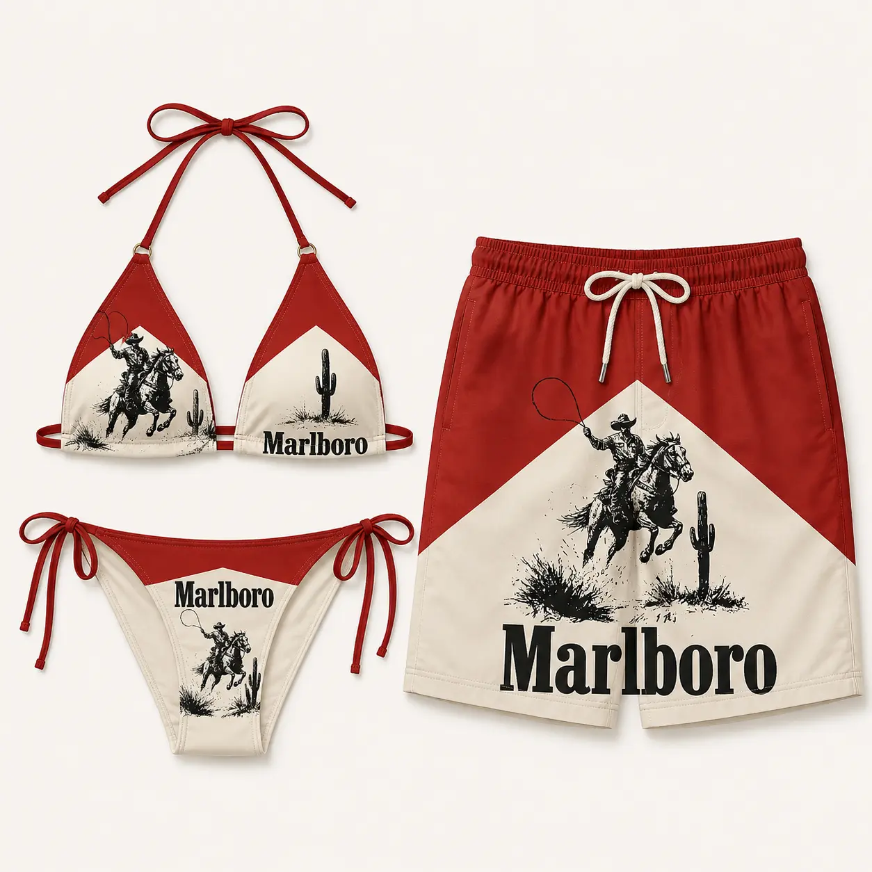 Marlboro Western Cowboy Couple Swimwear Set – Women’s Bikini & Men’s Matching Shorts