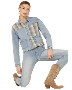 Cleo + Wolf Women's Oversized Plaid Mix Denim Cropped Jacket - Clsp22w24