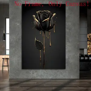 Modern Golden and Black Rose Canvas Painting Art for Living Room Unframed, Modern Canvas Poster for Bedroom and Living Room Decoration, Home Wall Decor