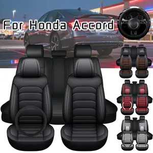 For Honda Accord 2026 2025 2024 2023 2017 2015 - 2011 4 Doors 2 Row Car 5 Seat Covers with Steering wheel Cover & Storage Pockets Bag, Waterproof PU Leather Front Rear Cushion Protector Mat Full Set Breathable, Vehicle Interior Decoration Accessories